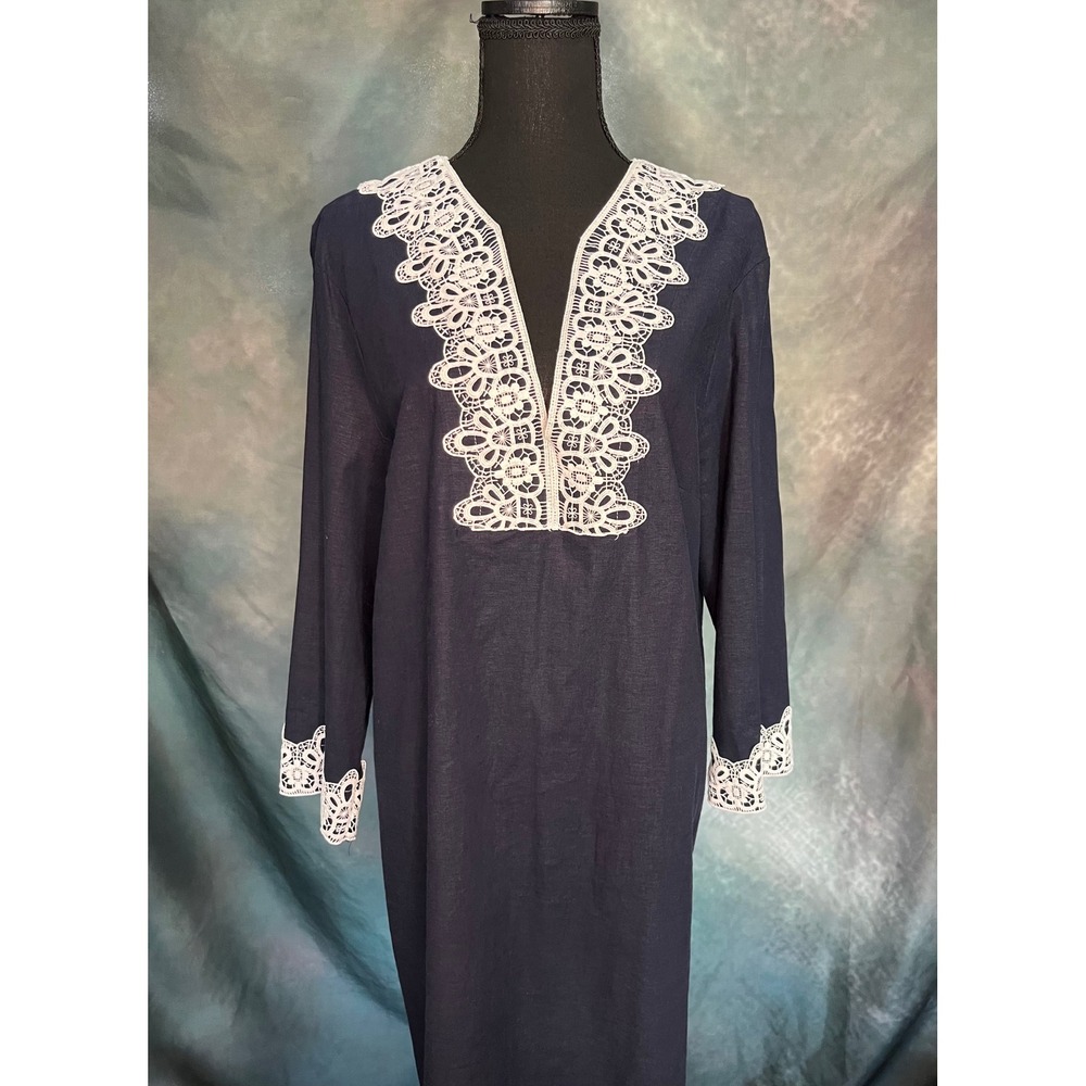 Preston & York Navy Blue Linen Blend Lace Trim Long Sleeve Midi Dress Size 16 - Picture 2 of 5